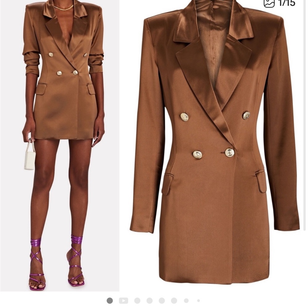 RETROFÊTE Gwen Brown Satin Blazer Mini Button Front Dress with Gold Buttons